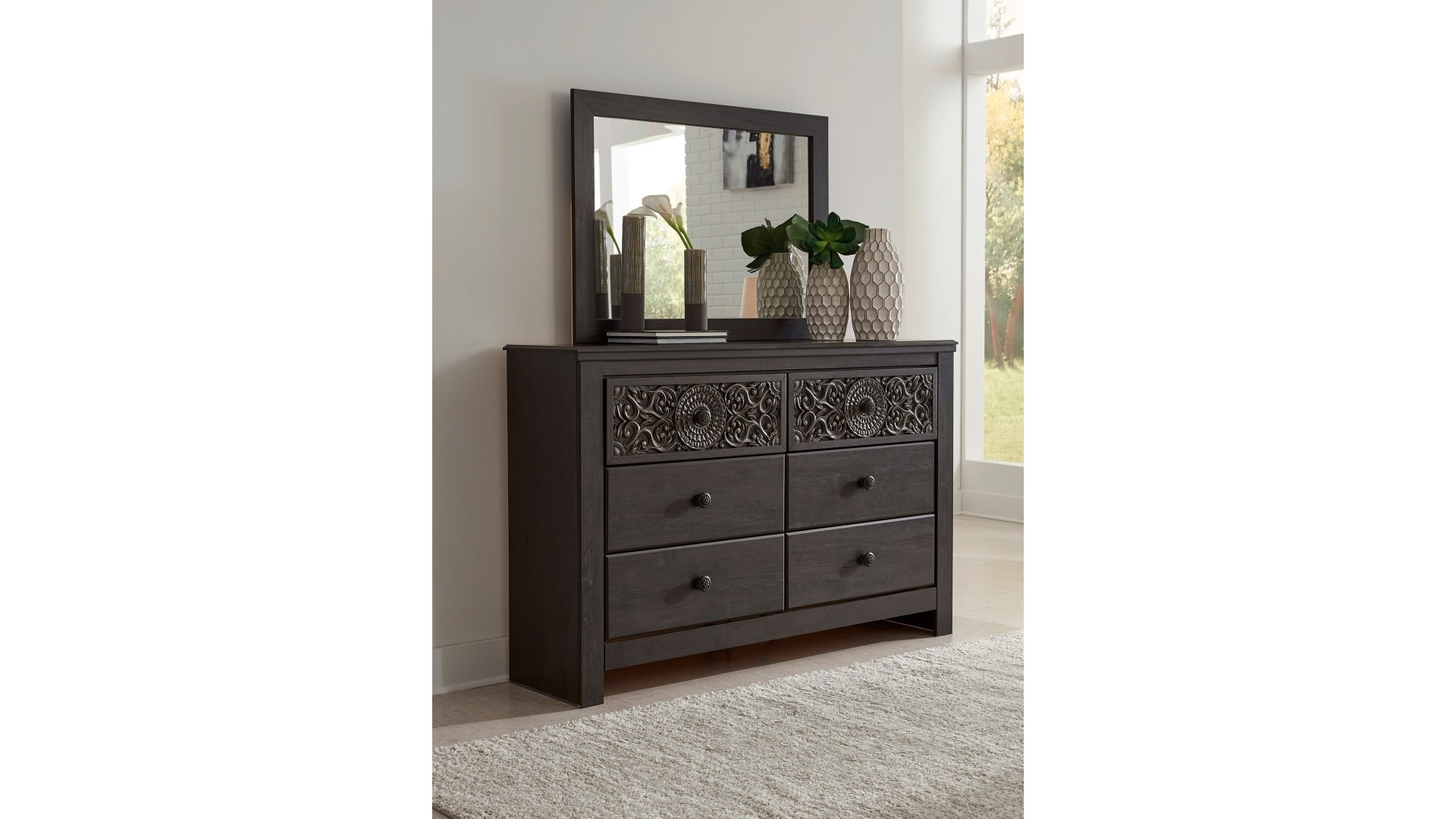 Paxberry King Panel Bed with Mirrored Dresser and Chest