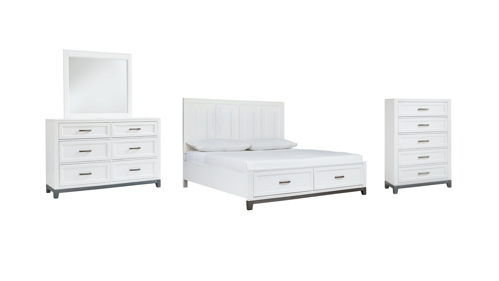 Brynburg Queen Panel Bed with 2 Storage Drawers with Mirrored Dresser and Chest
