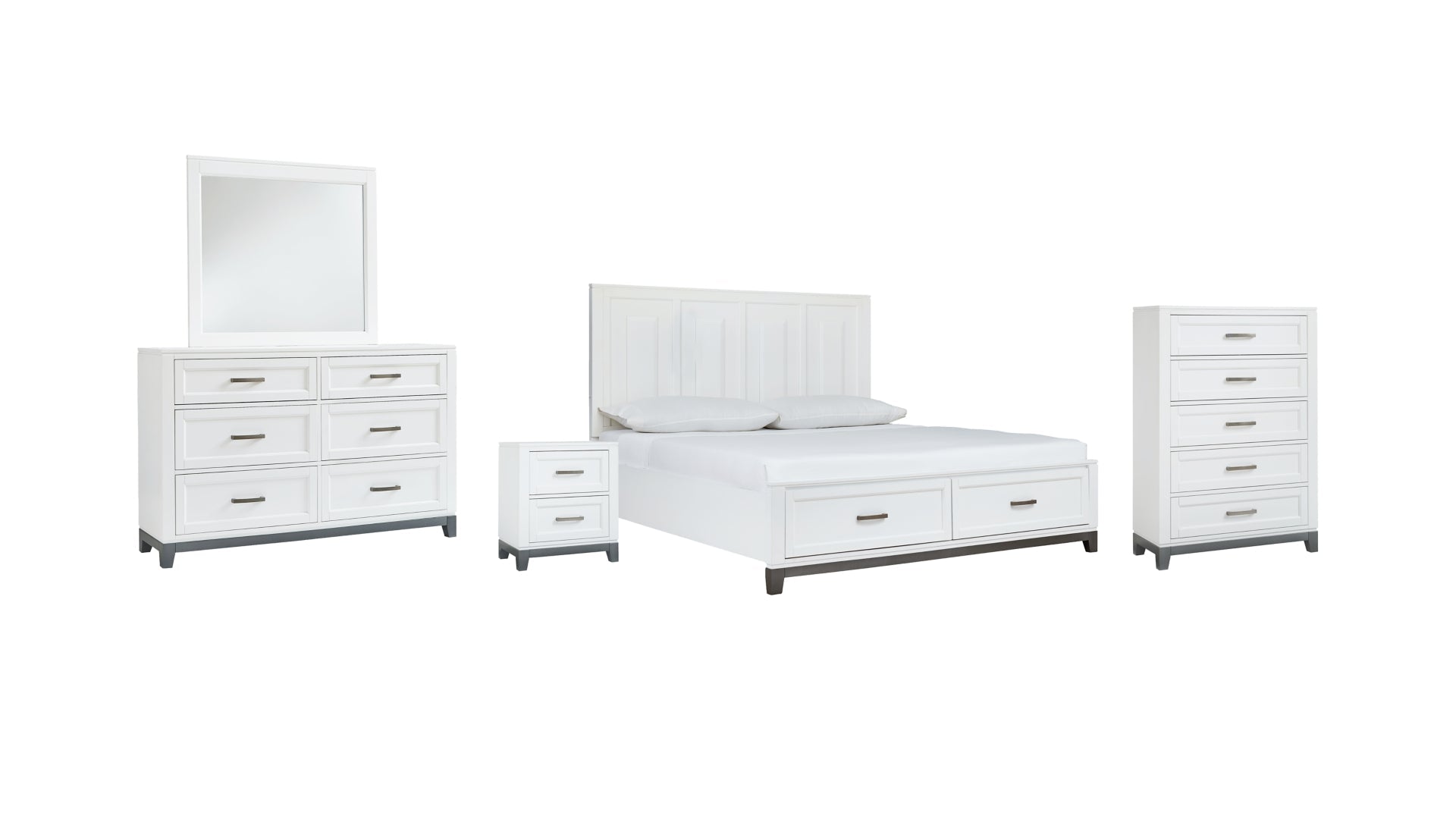 Brynburg California King Panel Bed with 2 Storage Drawers with Mirrored Dresser, Chest and Nightstand