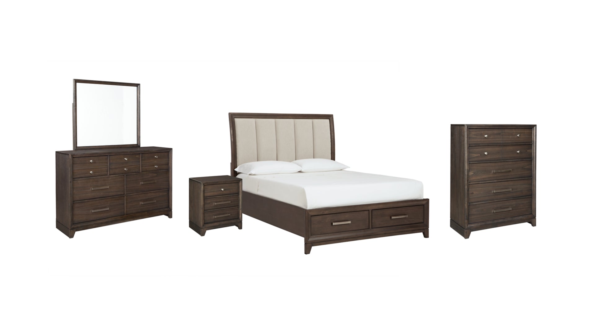 Brueban Queen Panel Bed with 2 Storage Drawers with Mirrored Dresser, Chest and Nightstand