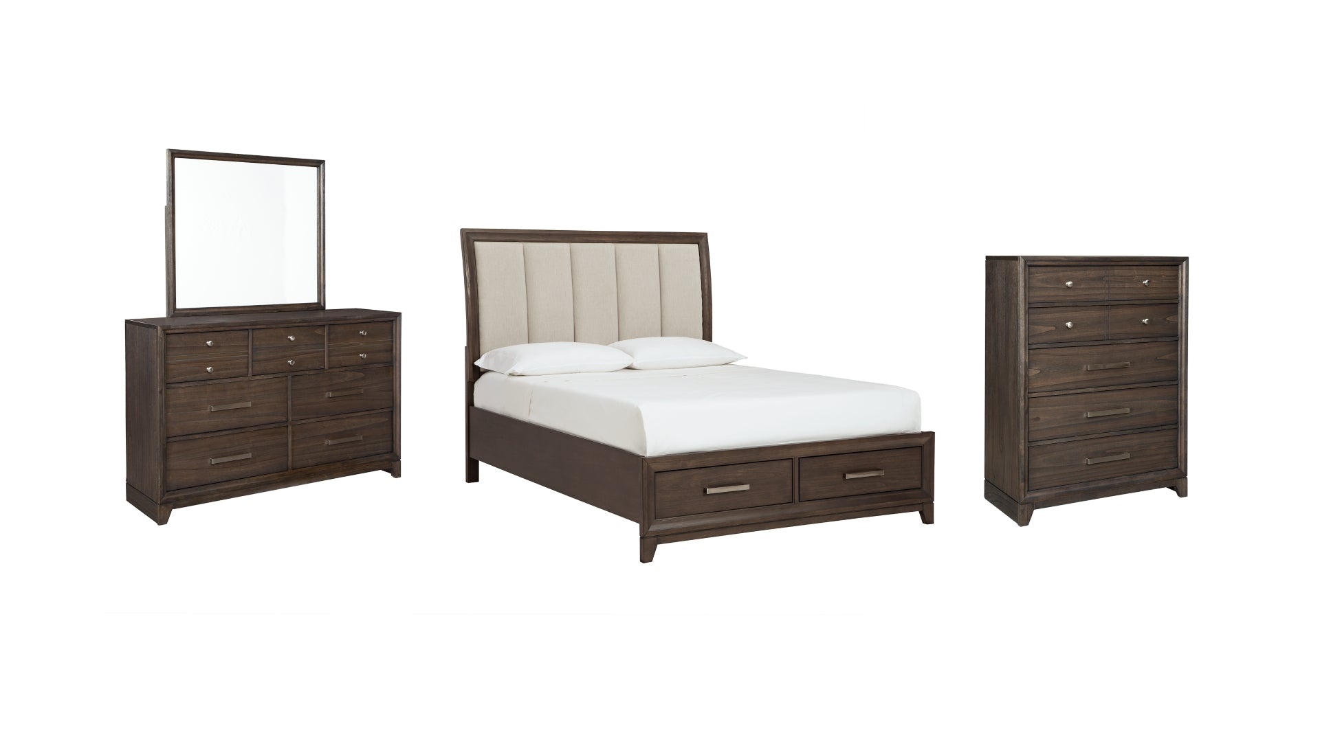 Brueban Queen Panel Bed with 2 Storage Drawers with Mirrored Dresser and Chest