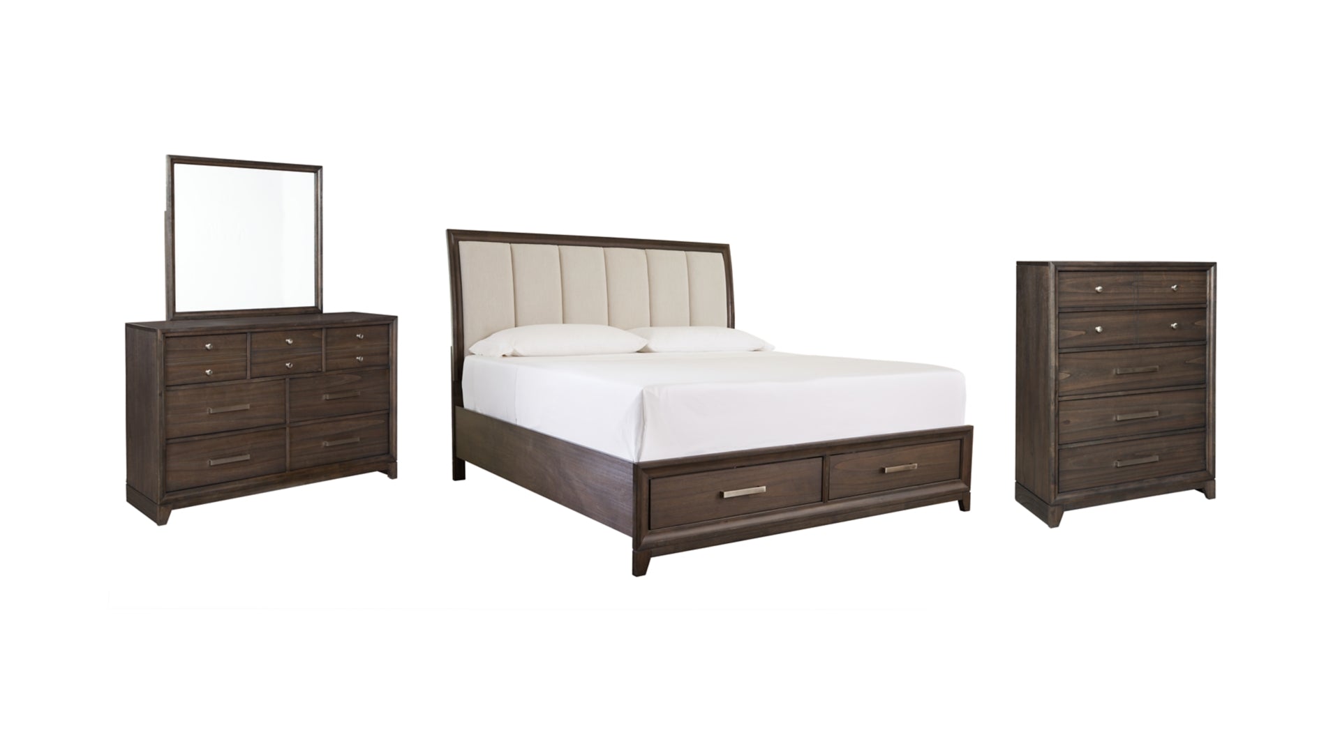 Brueban King Panel Bed with 2 Storage Drawers with Mirrored Dresser and Chest