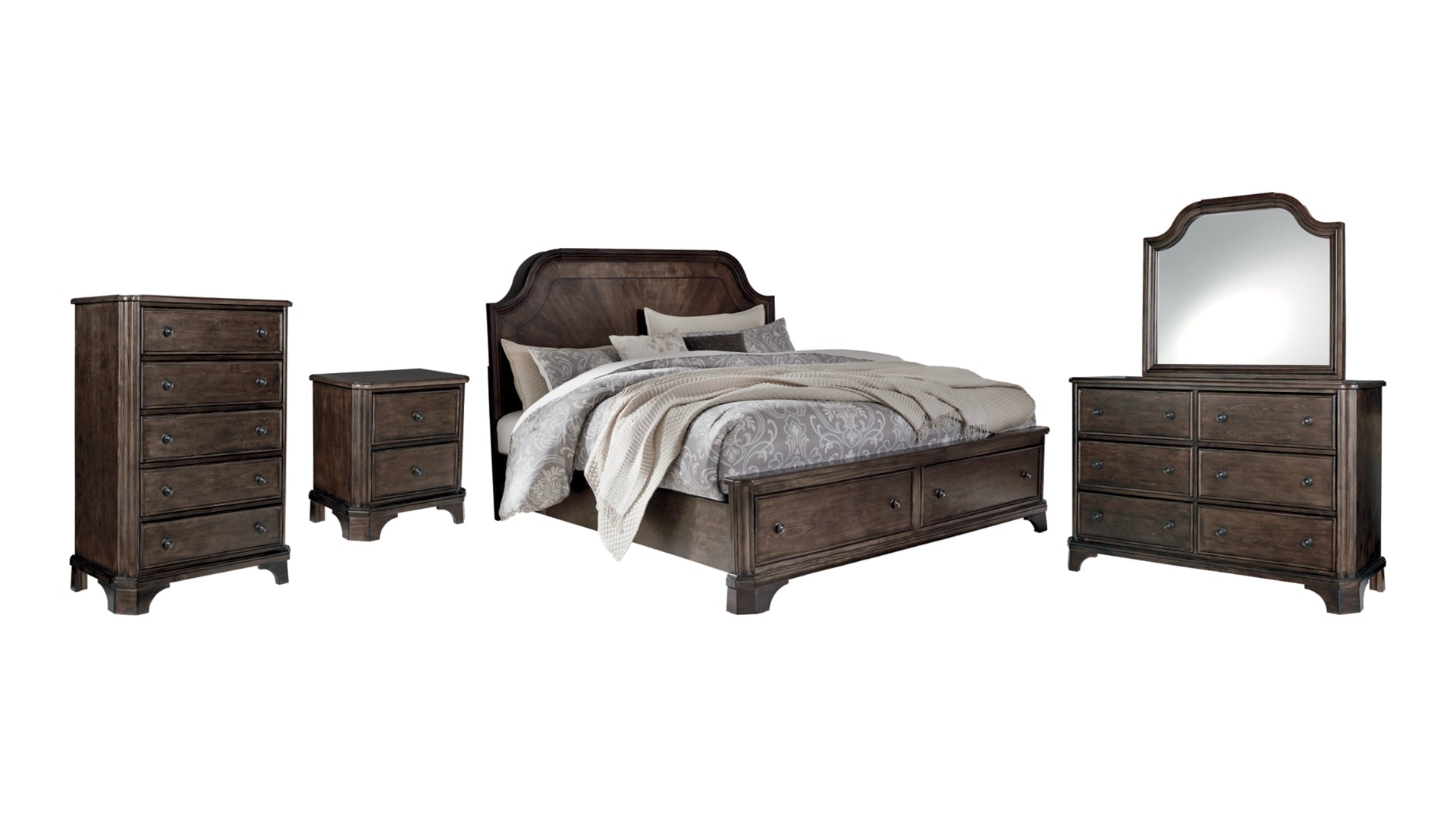 Adinton Queen Panel Bed with 2 Storage Drawers with Mirrored Dresser, Chest and Nightstand