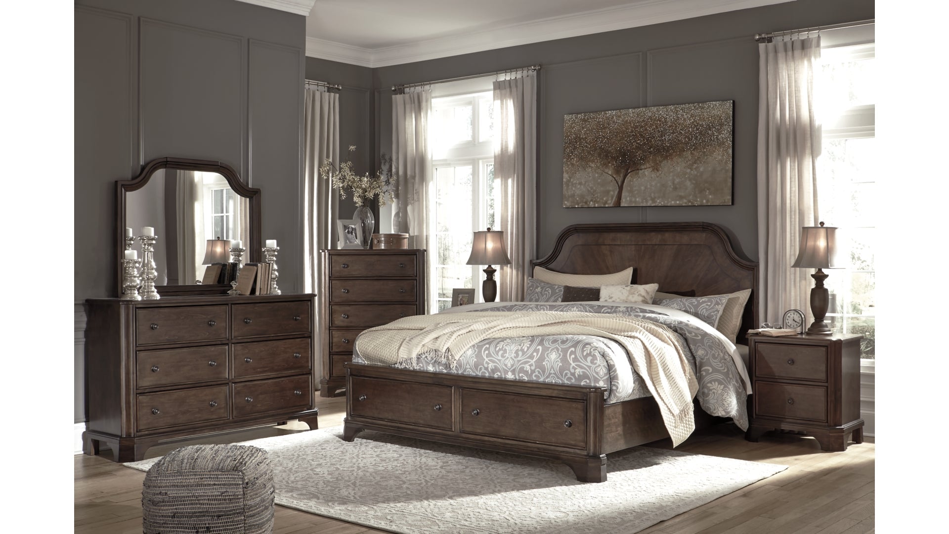 Adinton King Panel Bed with 2 Storage Drawers with Mirrored Dresser, Chest and Nightstand