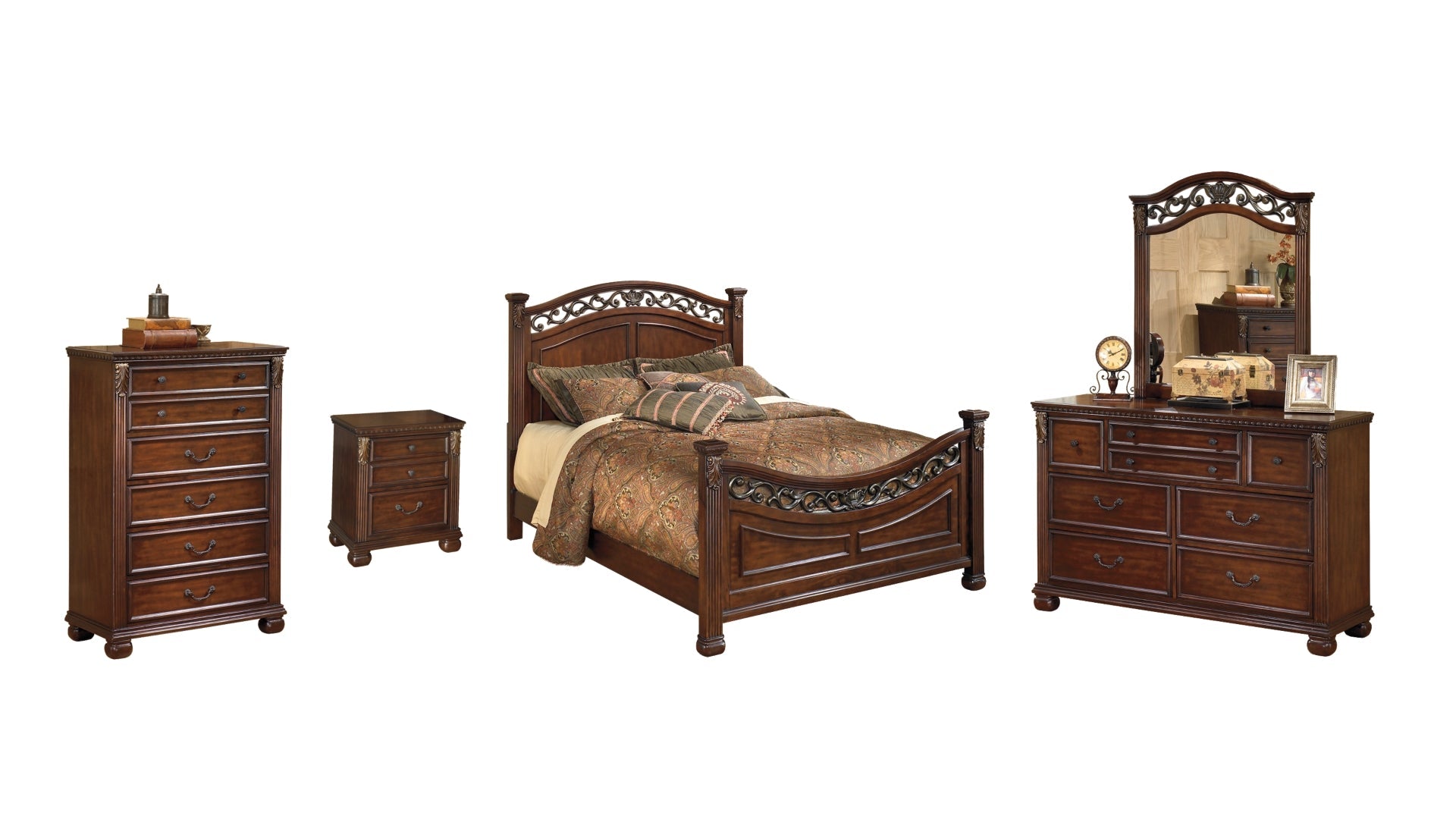 Leahlyn King Panel Bed with Mirrored Dresser, Chest and Nightstand