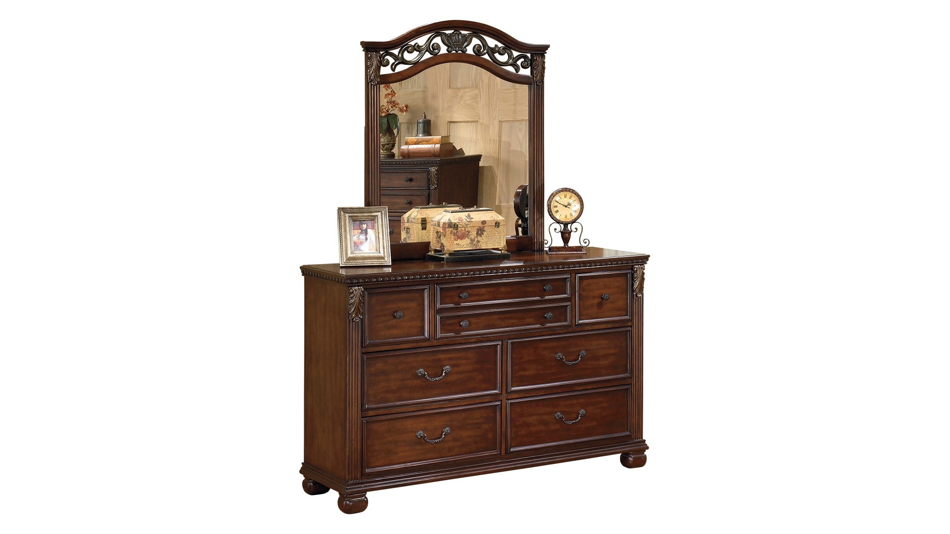 Leahlyn Queen Panel Bed with Mirrored Dresser, Chest and Nightstand