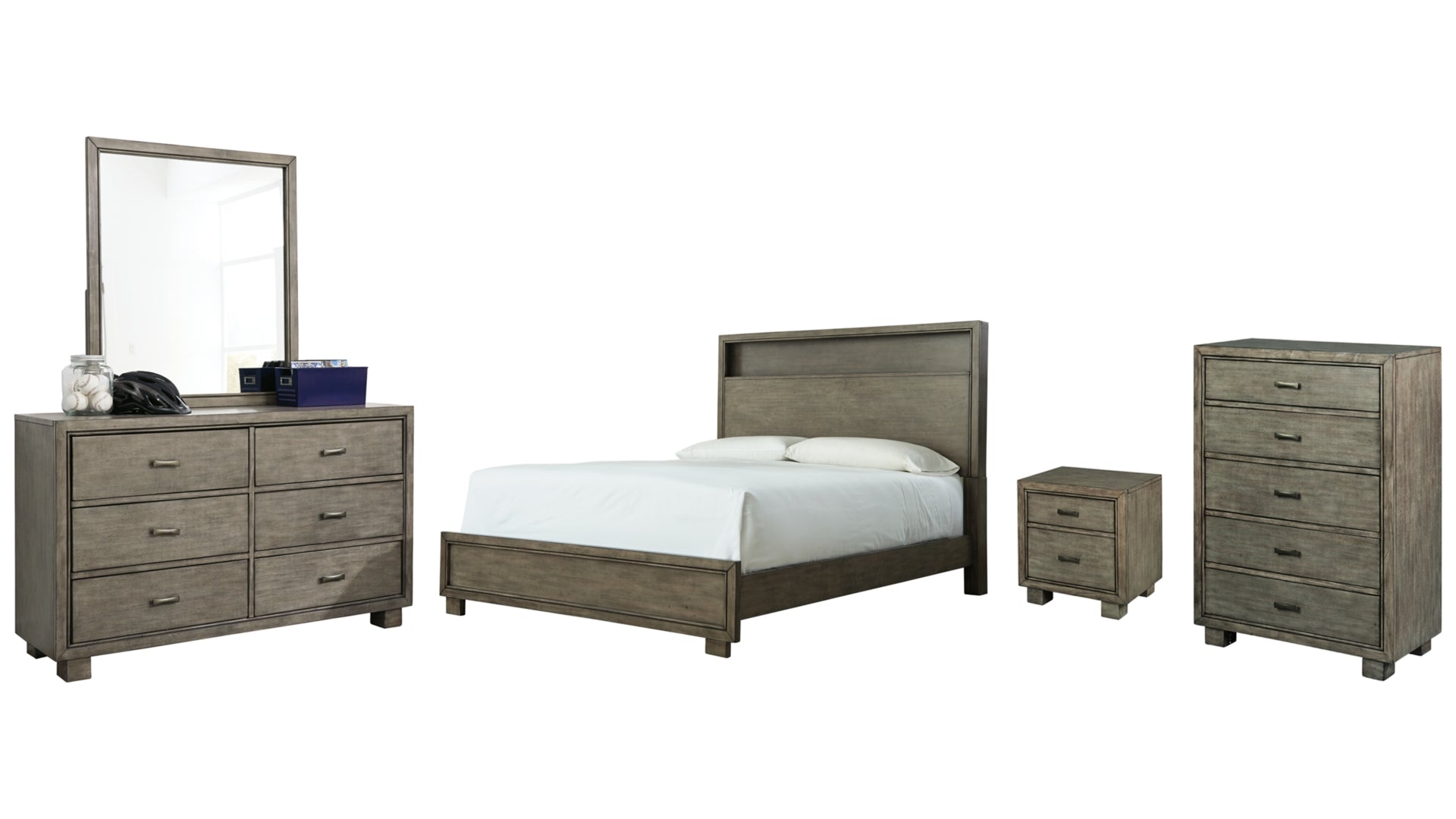 Arnett King Bookcase Bed with Mirrored Dresser, Chest and Nightstand