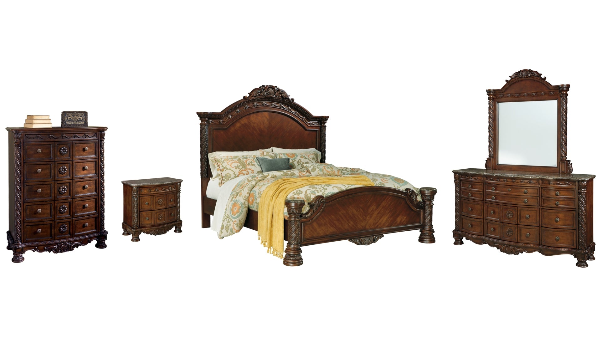 North Shore King Panel Bed with Mirrored Dresser, Chest and Nightstand