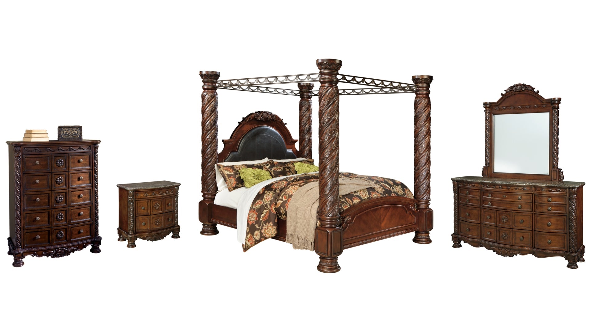 North Shore King Poster Bed with Canopy with Mirrored Dresser, Chest and Nightstand