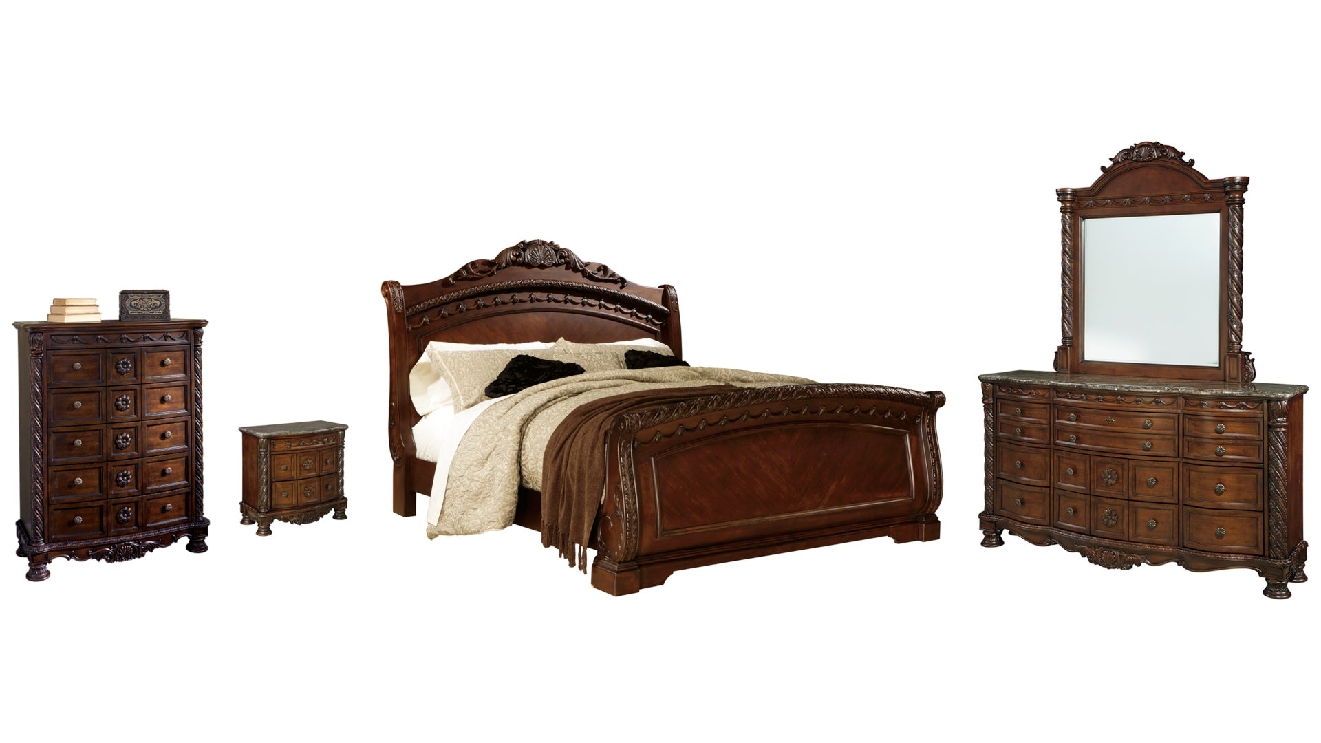 North Shore King Sleigh Bed with Mirrored Dresser, Chest and Nightstand