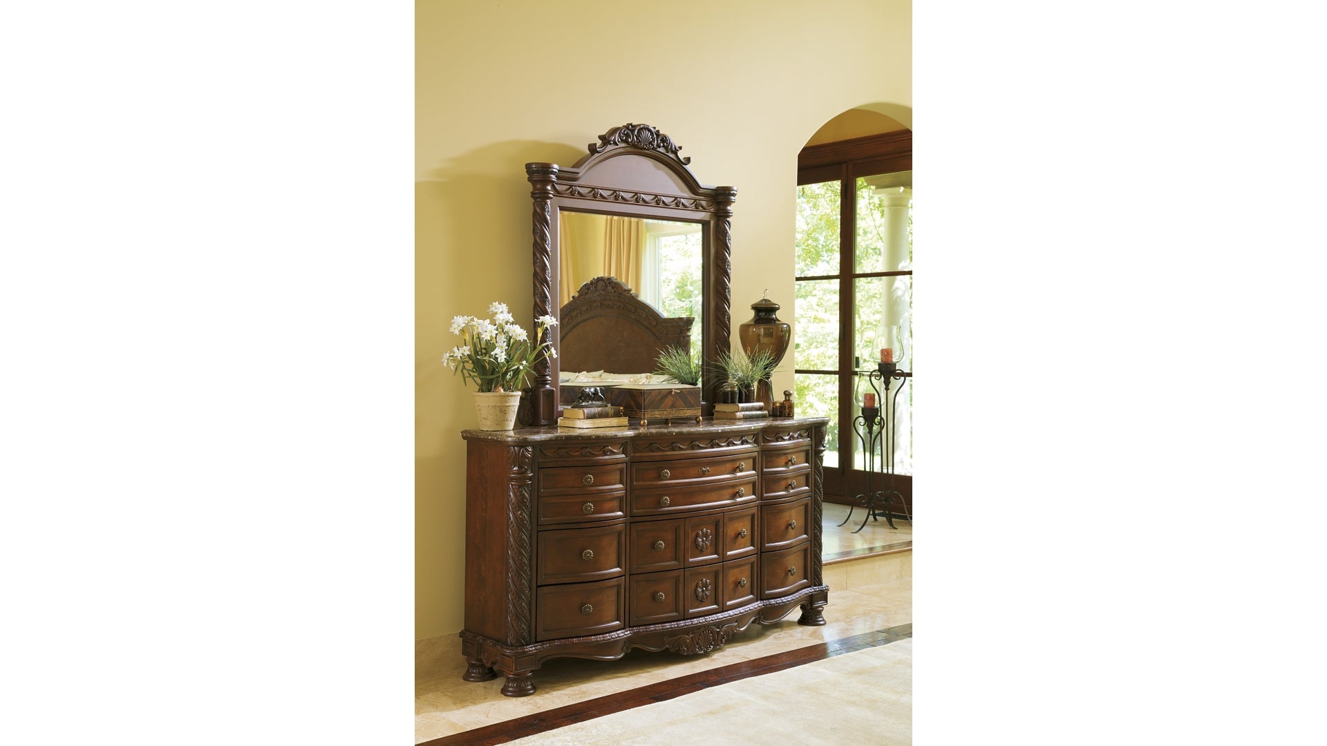 North Shore King Panel Bed with Mirrored Dresser and Chest