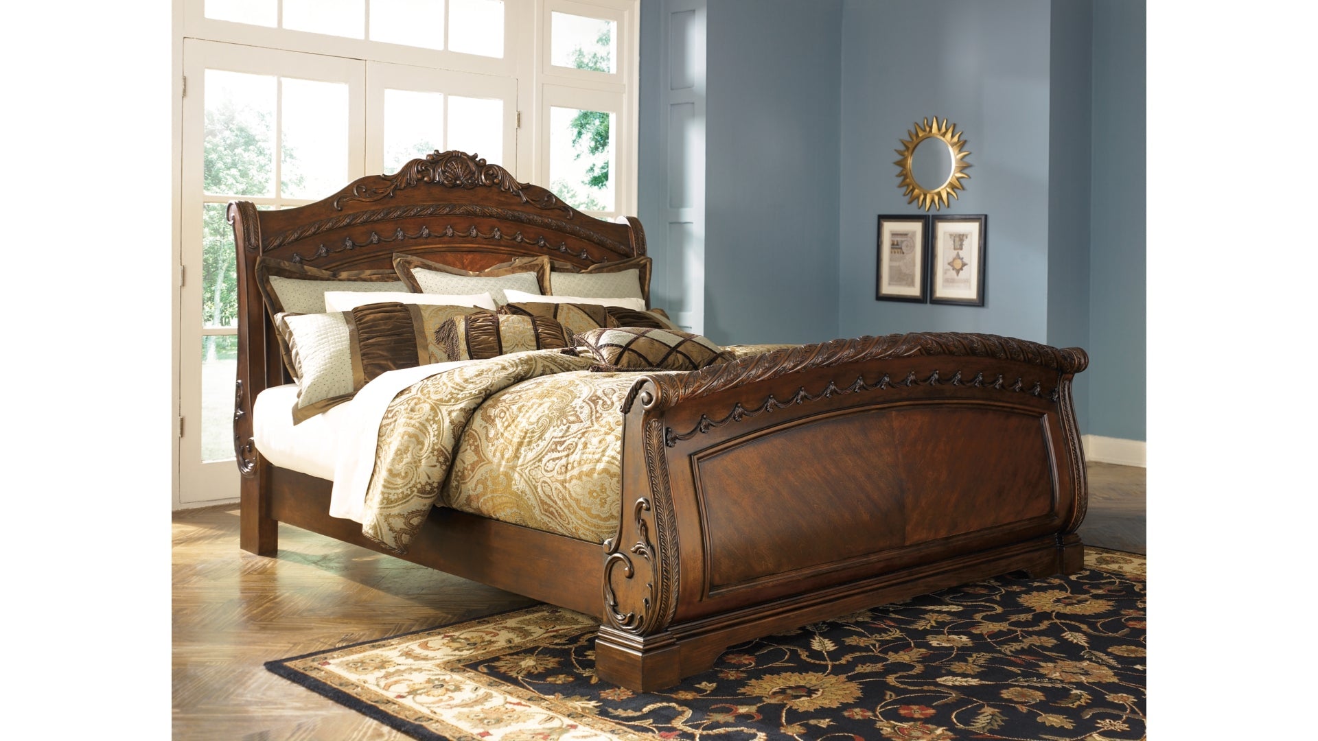 North Shore California King Sleigh Bed with Mirrored Dresser and Chest