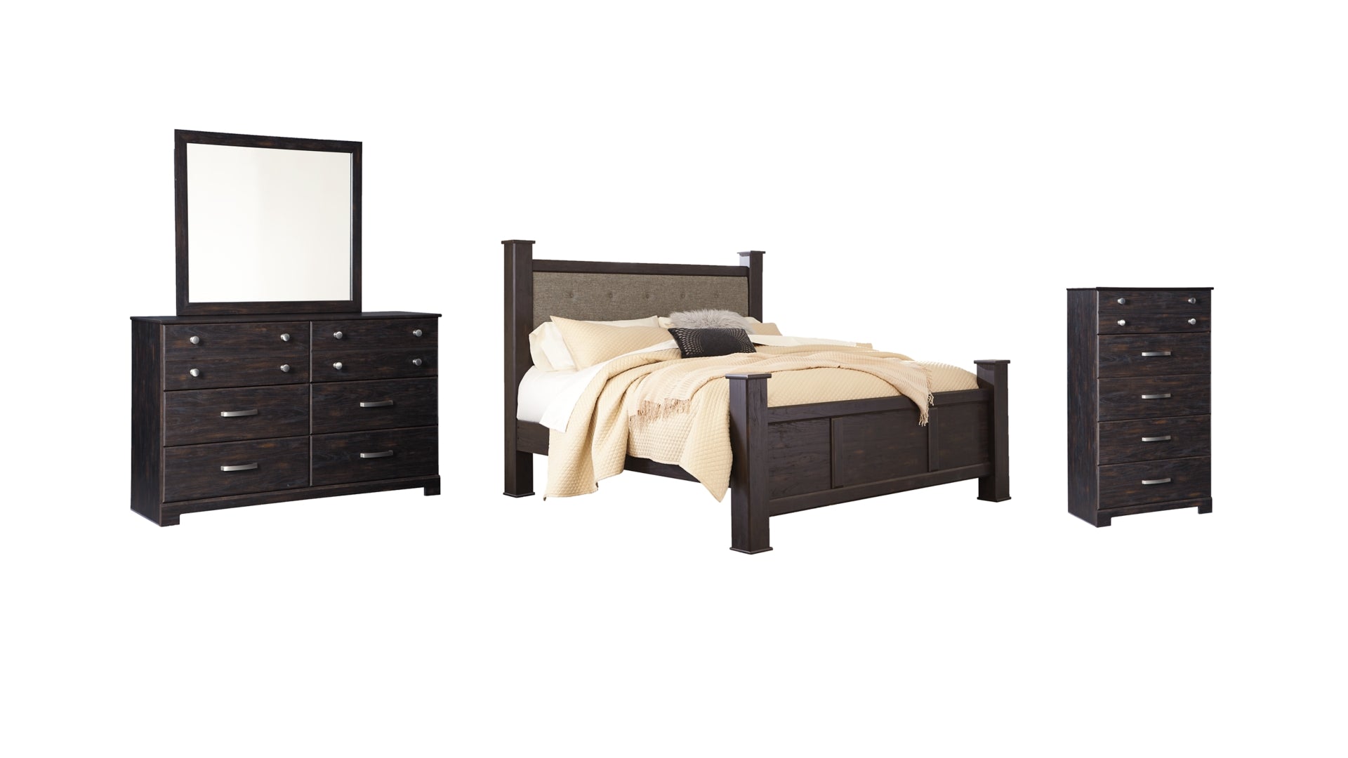 Reylow King Poster Bed with Mirrored Dresser and Chest