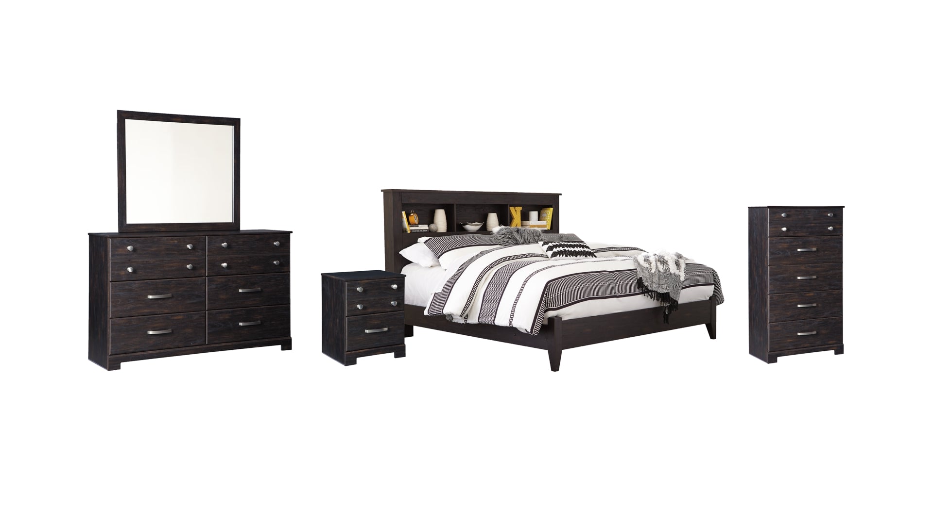 Reylow King Bookcase Bed with Mirrored Dresser, Chest and Nightstand