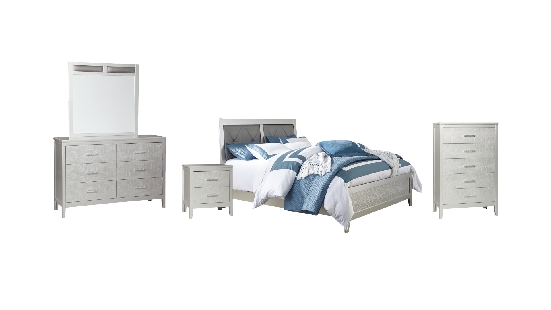 Olivet Queen Panel Bed with Mirrored Dresser, Chest and Nightstand