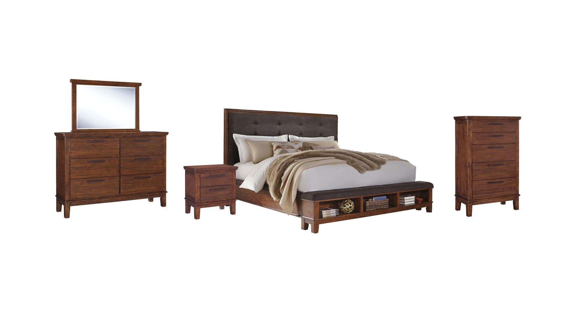 Ralene Queen Upholstered Panel Bed with Dresser, Chest and Nightstand