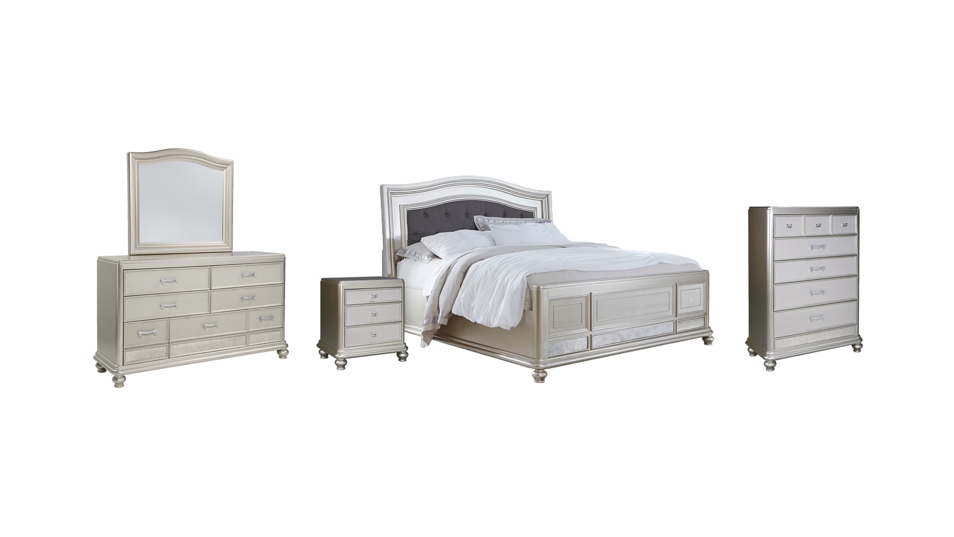 Coralayne California King Panel Bed with Mirrored Dresser, Chest and Nightstand