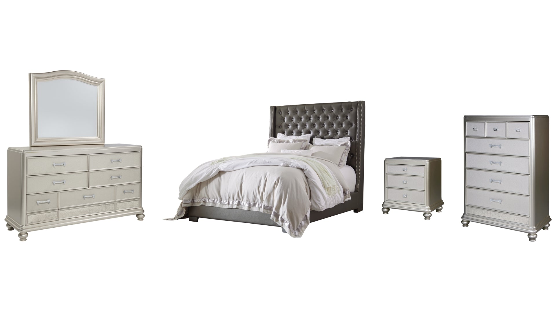 Coralayne Queen Upholstered Bed with Mirrored Dresser, Chest and Nightstand