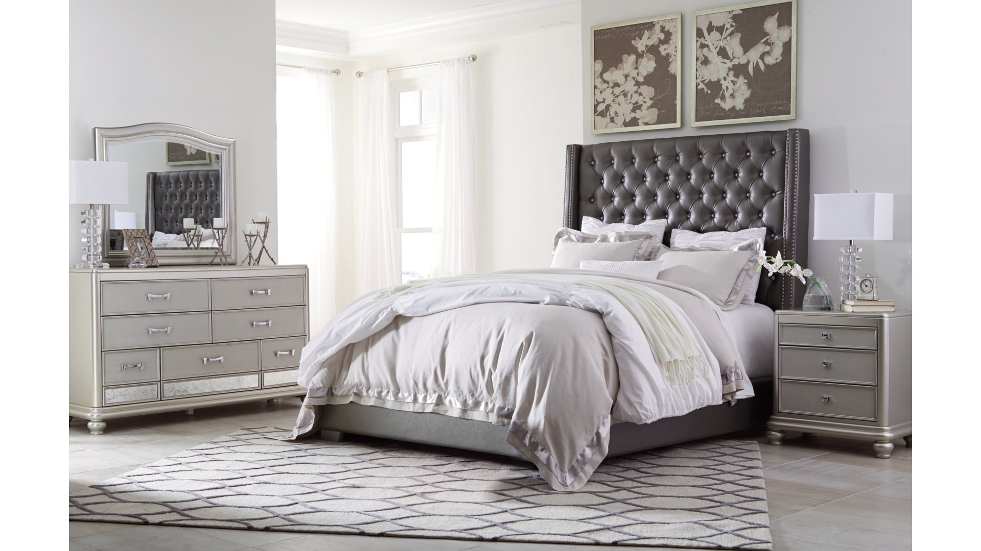 Coralayne California King Upholstered Bed with Mirrored Dresser and Chest