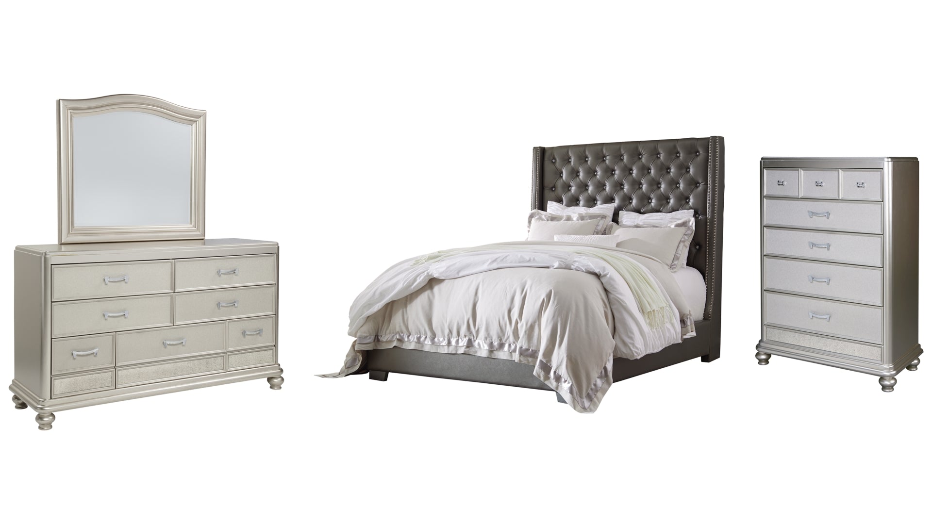 Coralayne California King Upholstered Bed with Mirrored Dresser and Chest