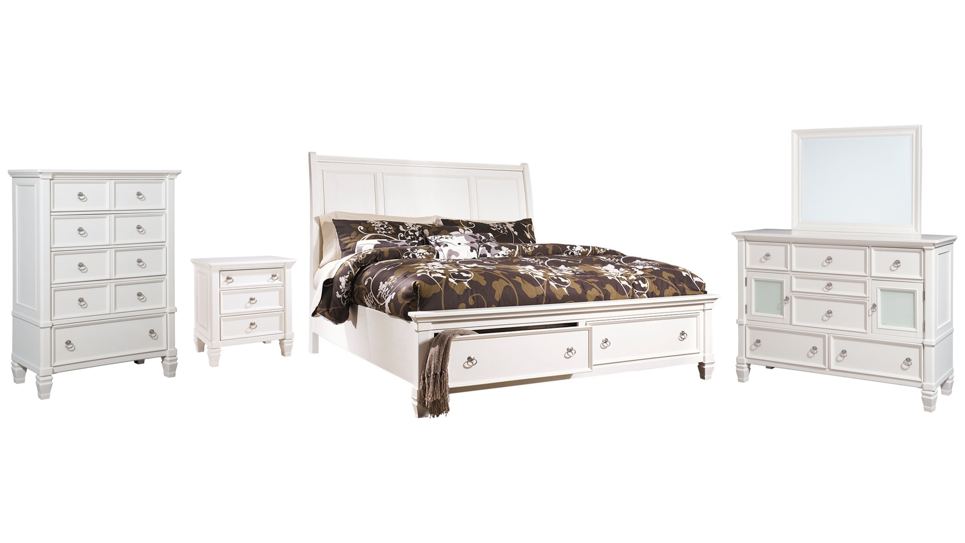 Prentice California King Sleigh Bed with 2 Storage Drawers with Mirrored Dresser, Chest and Nightstand