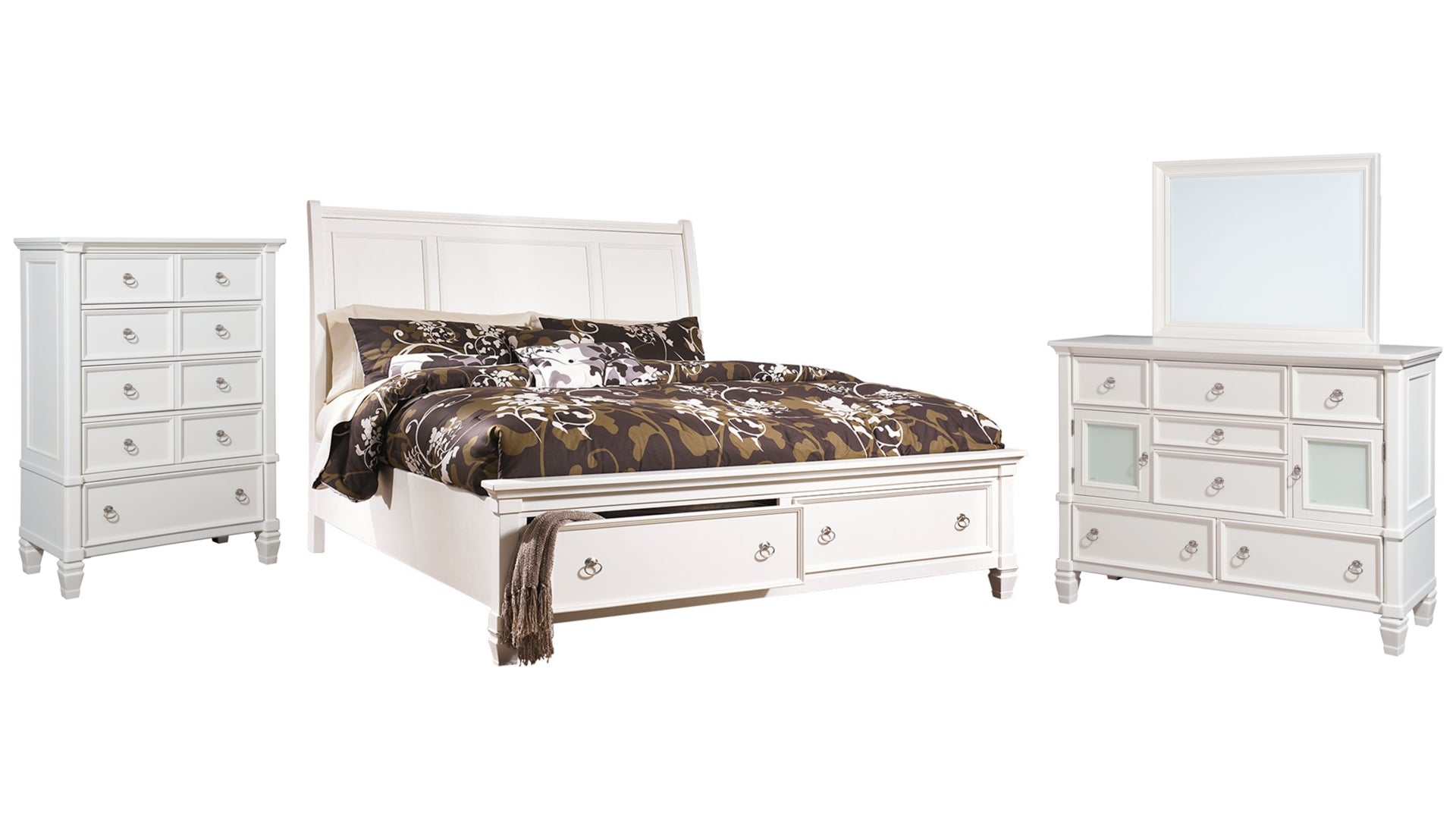 Prentice California King Sleigh Bed with 2 Storage Drawers with Mirrored Dresser and Chest