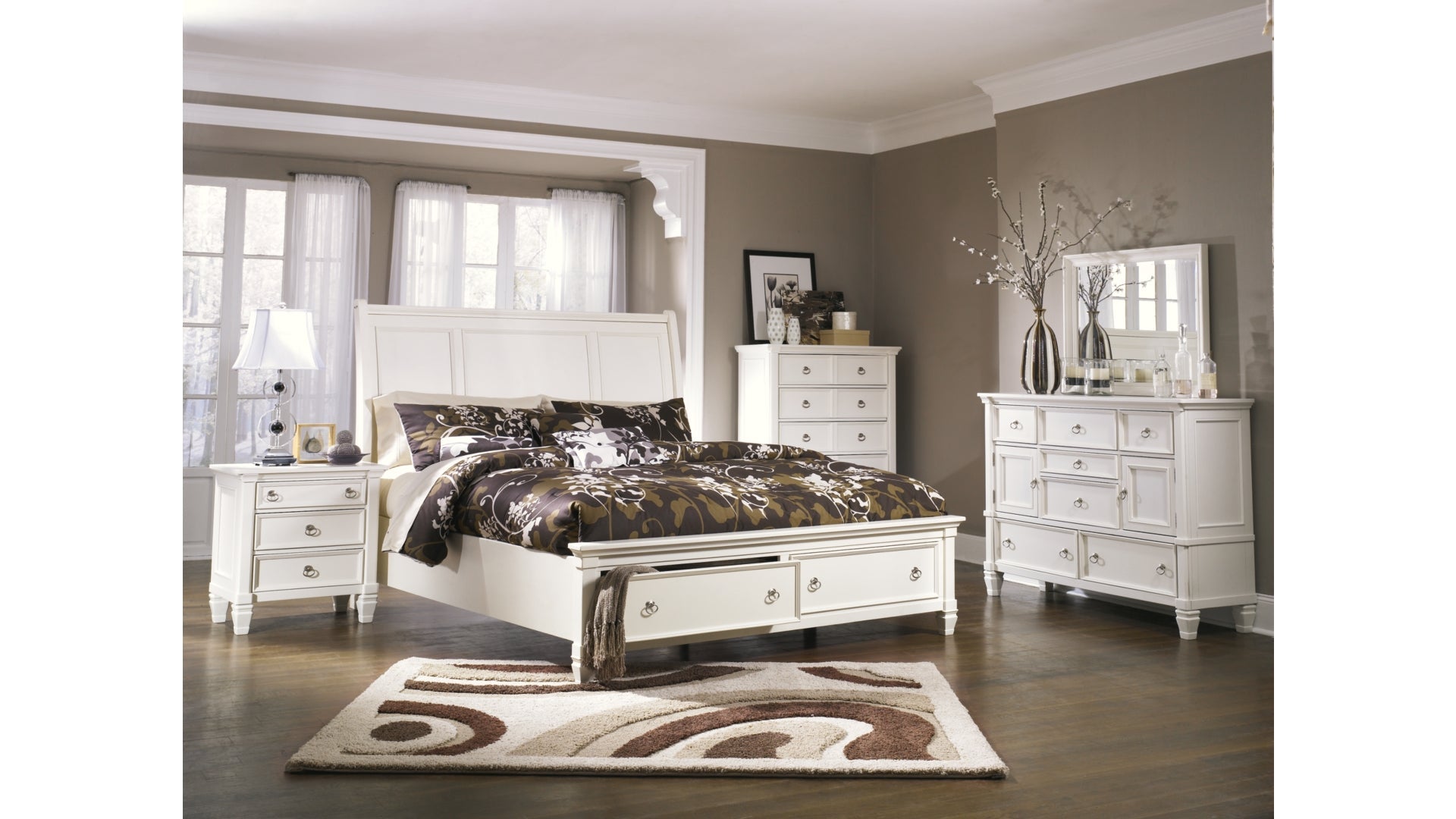 Prentice California King Sleigh Bed with 2 Storage Drawers with Mirrored Dresser, Chest and Nightstand