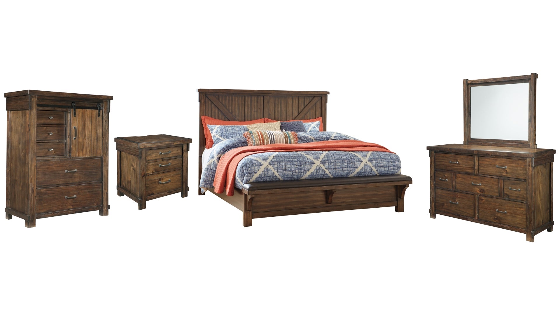 Lakeleigh King Panel Bed with Upholstered Bench with Mirrored Dresser, Chest and Nightstand