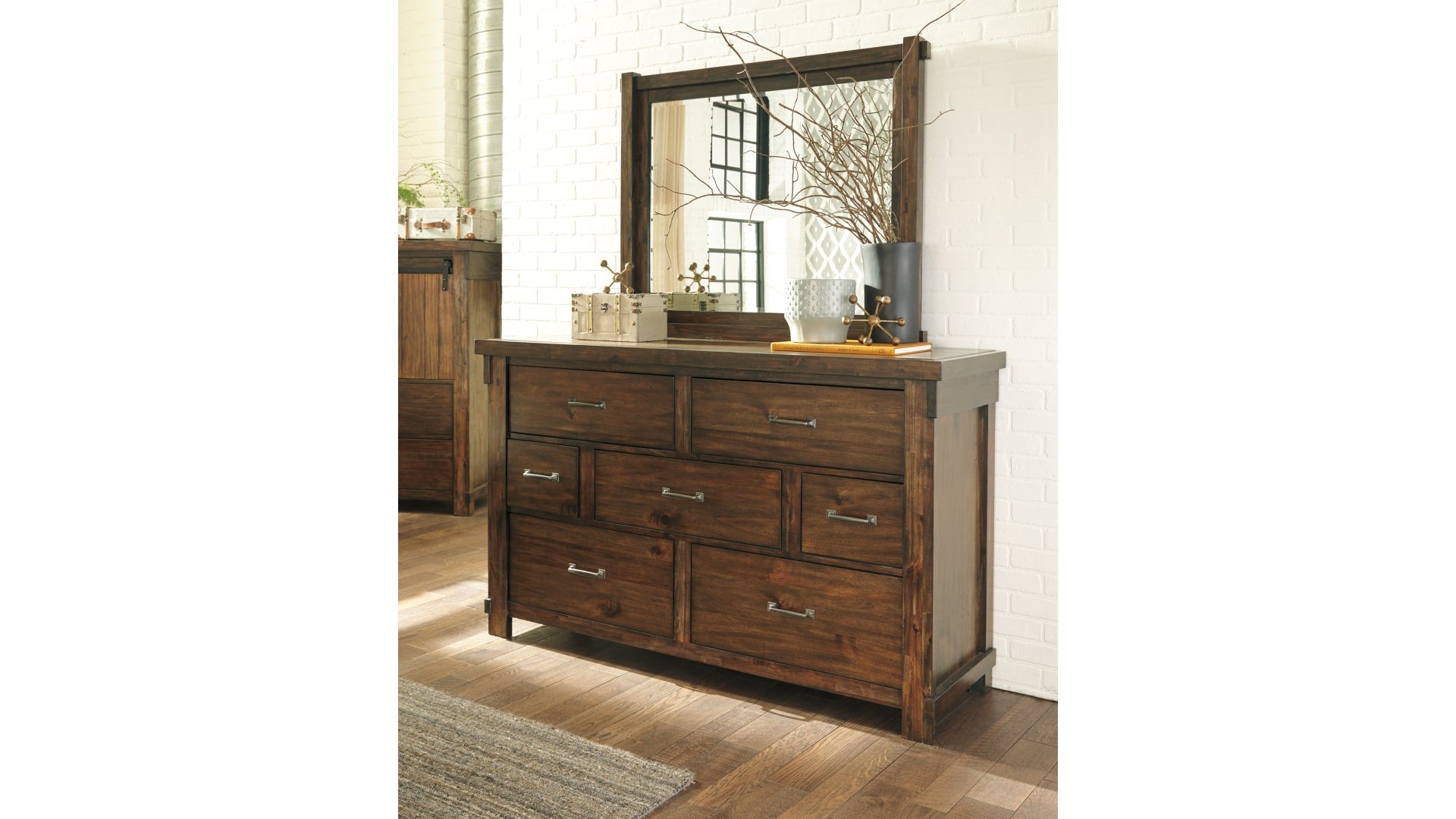 Lakeleigh Califorina King Panel Bed with Upholstered Bench with Mirrored Dresser, Chest and Nightstand