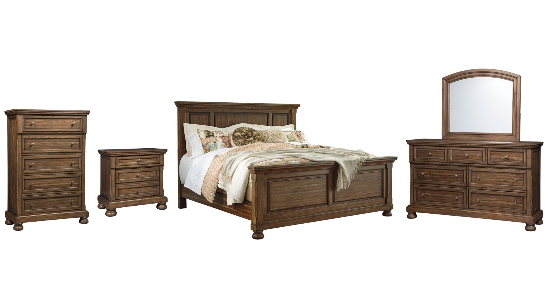 Flynnter California King Panel Bed with Mirrored Dresser, Chest and Nightstand