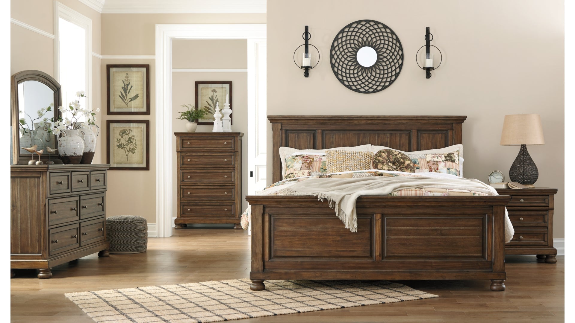 Flynnter California King Panel Bed with Mirrored Dresser, Chest and Nightstand