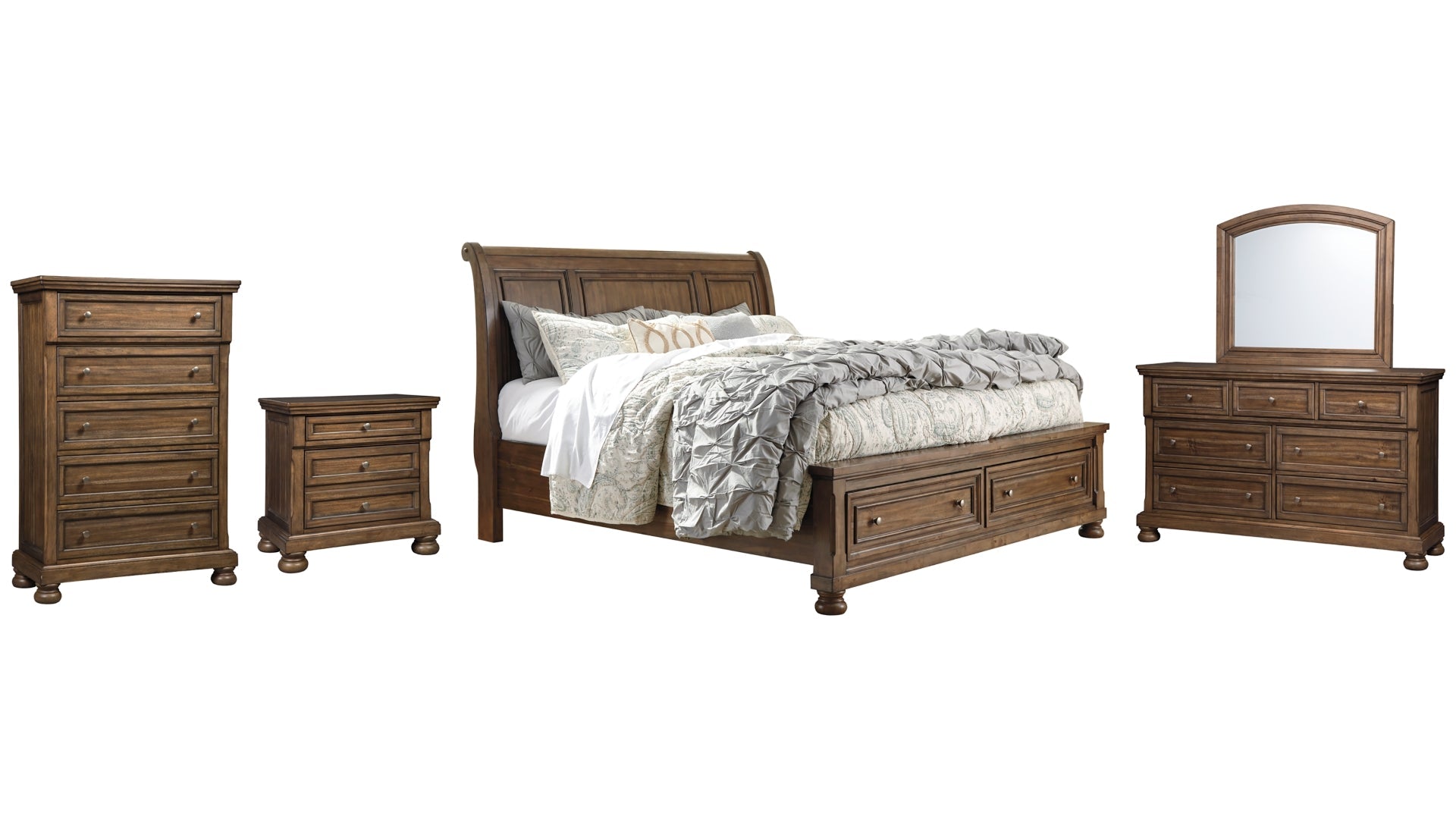 Flynnter Queen Sleigh Bed with 2 Storage Drawers with Mirrored Dresser, Chest and Nightstand