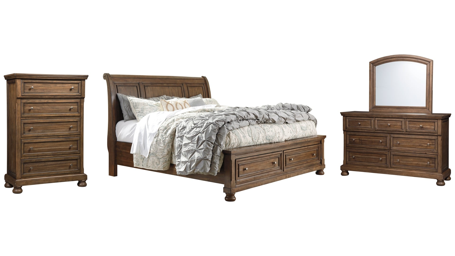 Flynnter California King Sleigh Bed with 2 Storage Drawers with Mirrored Dresser and Chest