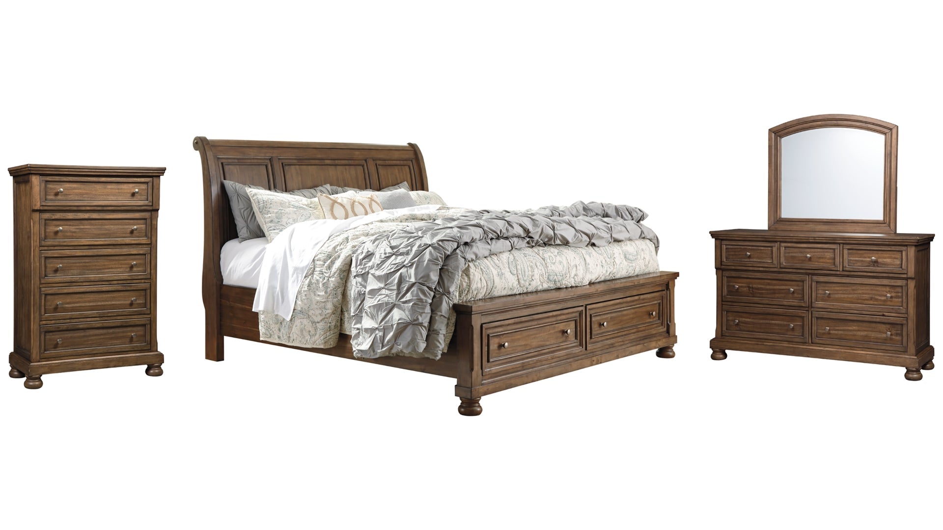 Flynnter King Sleigh Bed with 2 Storage Drawers with Mirrored Dresser and Chest