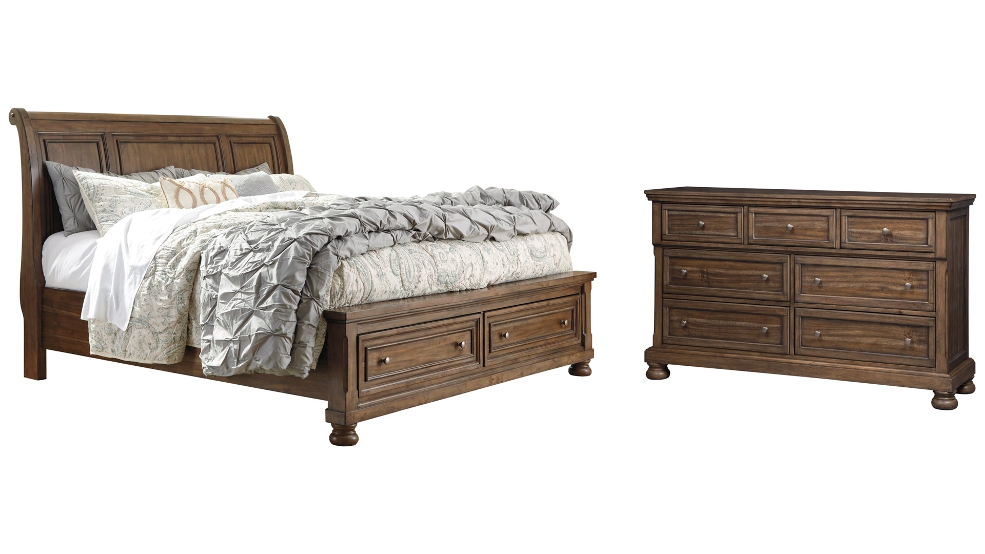 Flynnter King Sleigh Bed with 2 Storage Drawers with Dresser