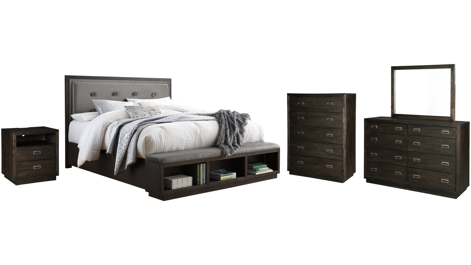 Hyndell Queen Upholstered Panel Bed with Storage with Mirrored Dresser, Chest and Nightstand