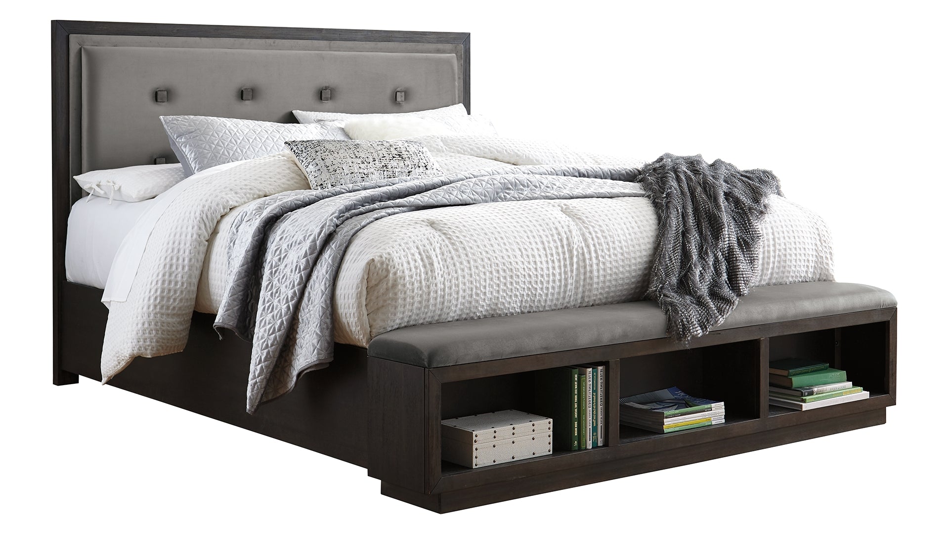 Hyndell King Upholstered Panel Bed with Storage with Dresser