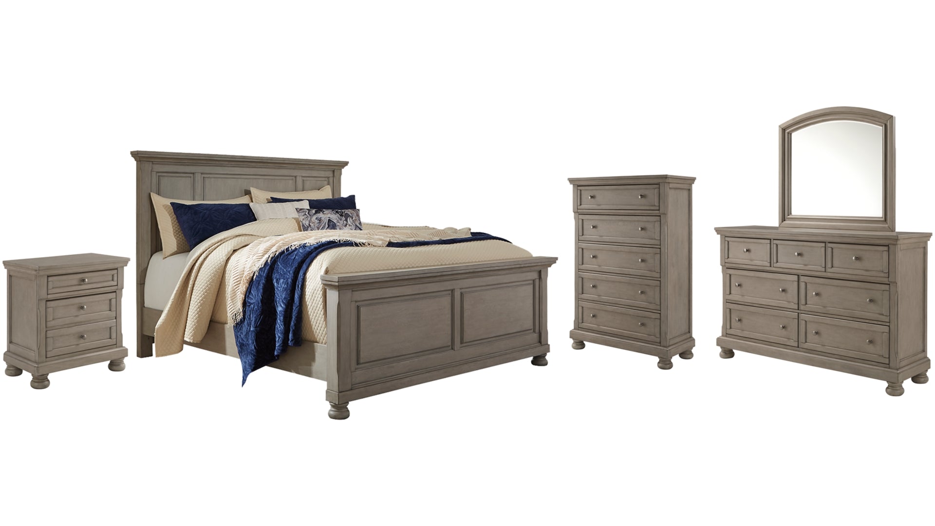 Lettner Queen Panel Bed with Mirrored Dresser, Chest and Nightstand