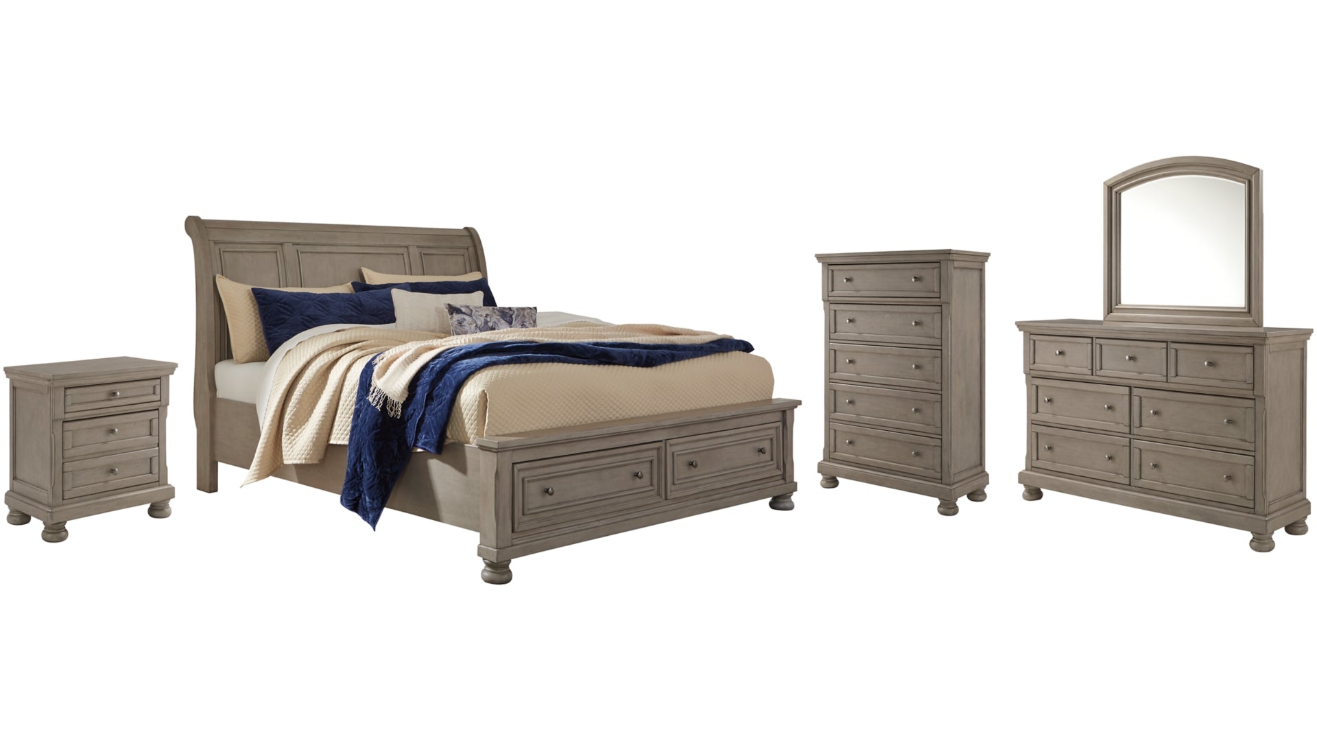 Lettner Queen Sleigh Bed with 2 Storage Drawers with Mirrored Dresser, Chest and Nightstand