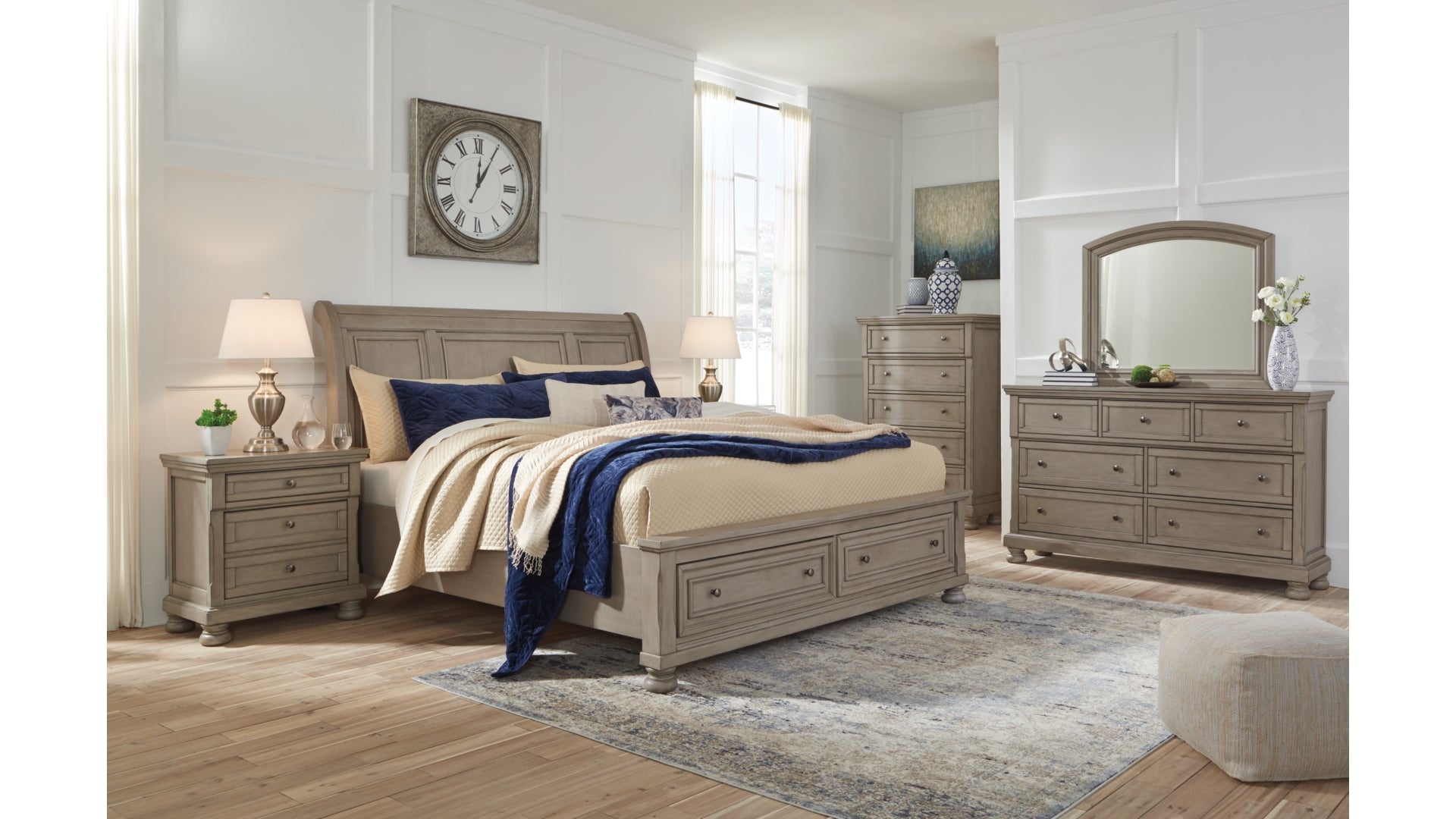 Lettner California King Sleigh Bed with Mirrored Dresser, Chest and Nightstand