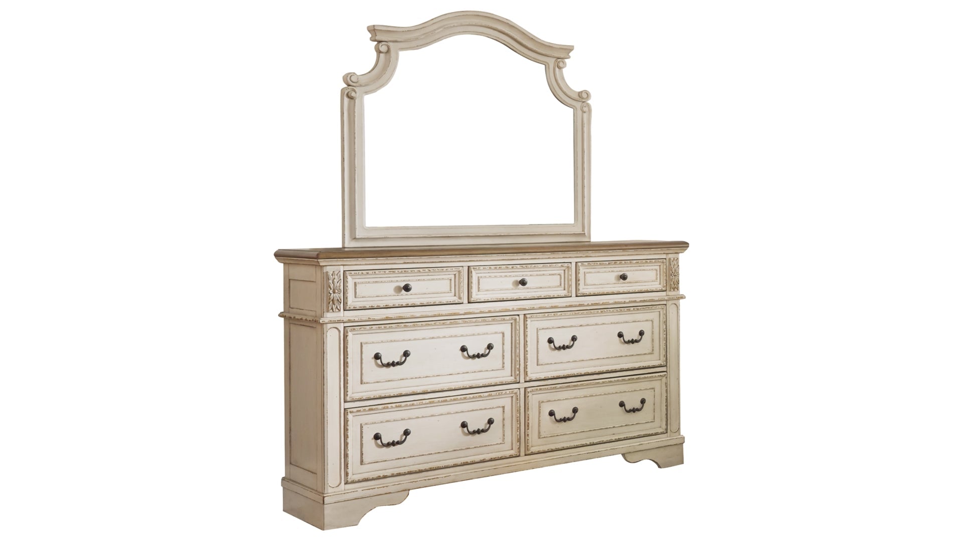 Realyn Queen Upholstered Panel Bed with Mirrored Dresser and Chest