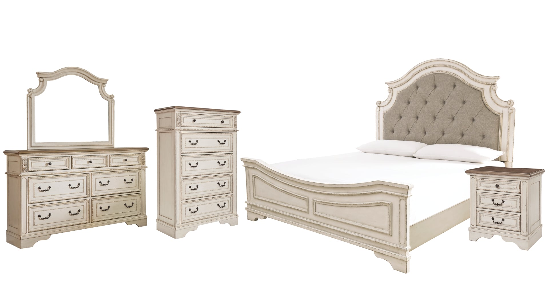 Realyn Queen Upholstered Panel Bed with Mirrored Dresser, Chest and Nightstand