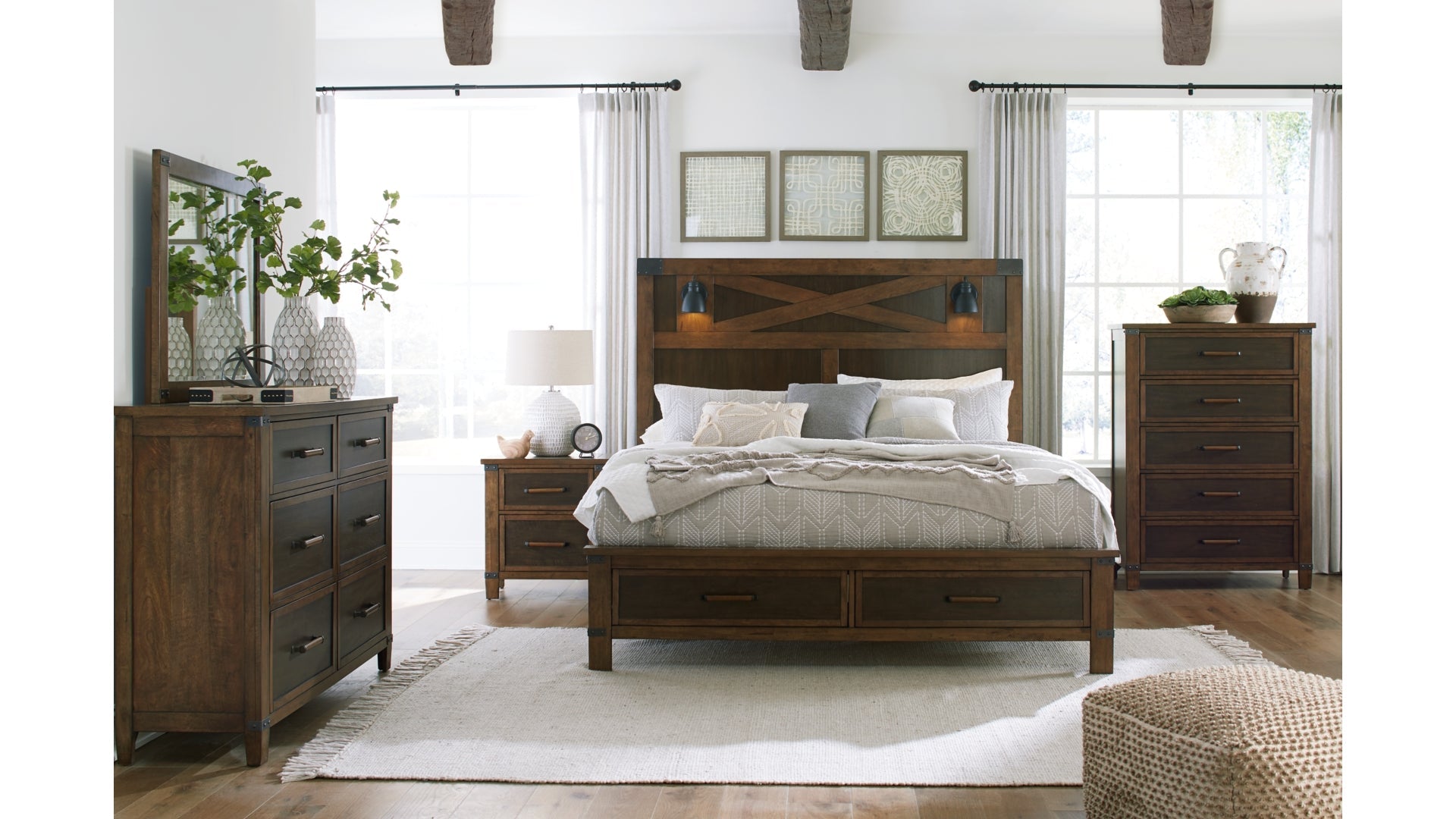 Wyattfield Queen Panel Bed with Storage with Mirrored Dresser, Chest and Nightstand