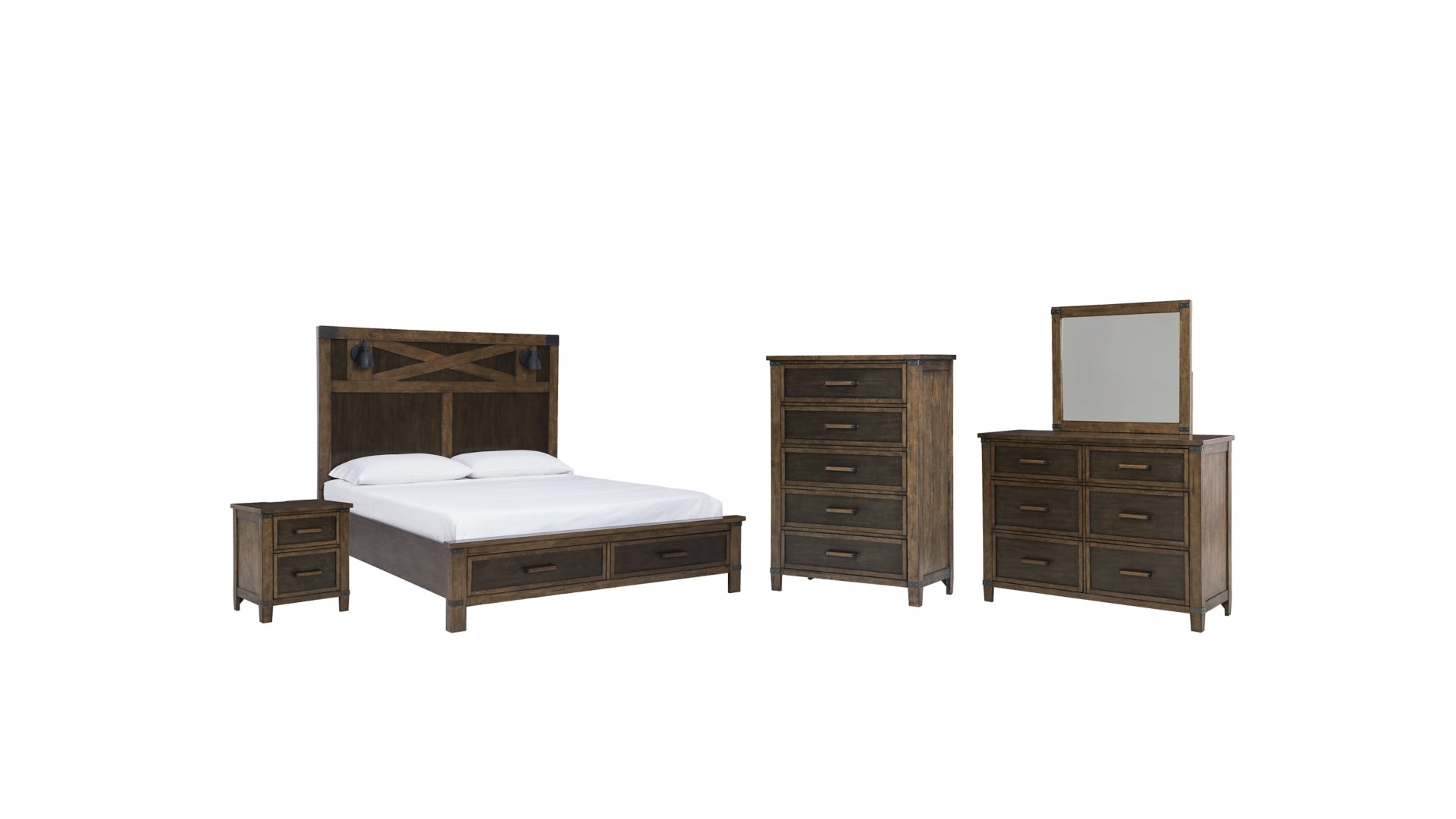 Wyattfield Queen Panel Bed with Storage with Mirrored Dresser, Chest and Nightstand