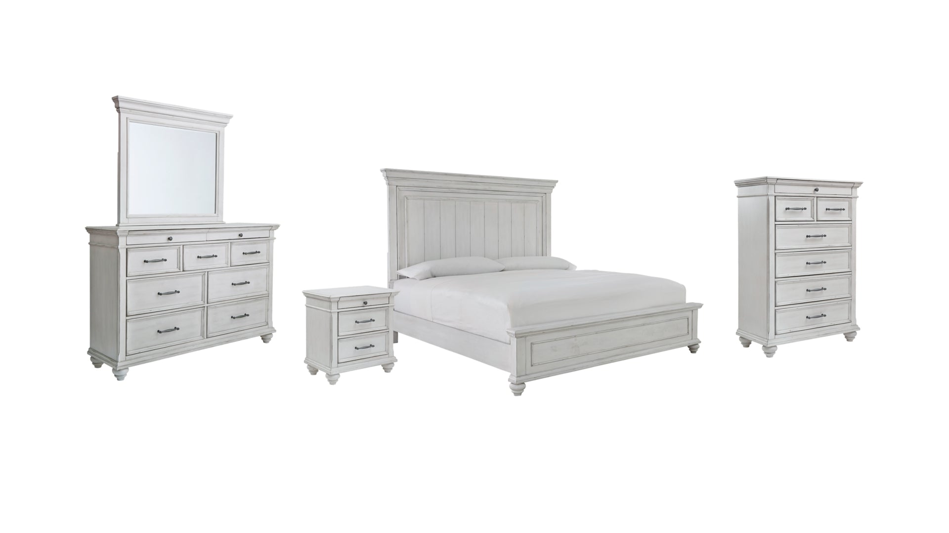 Kanwyn King Panel Bed with Mirrored Dresser, Chest and Nightstand